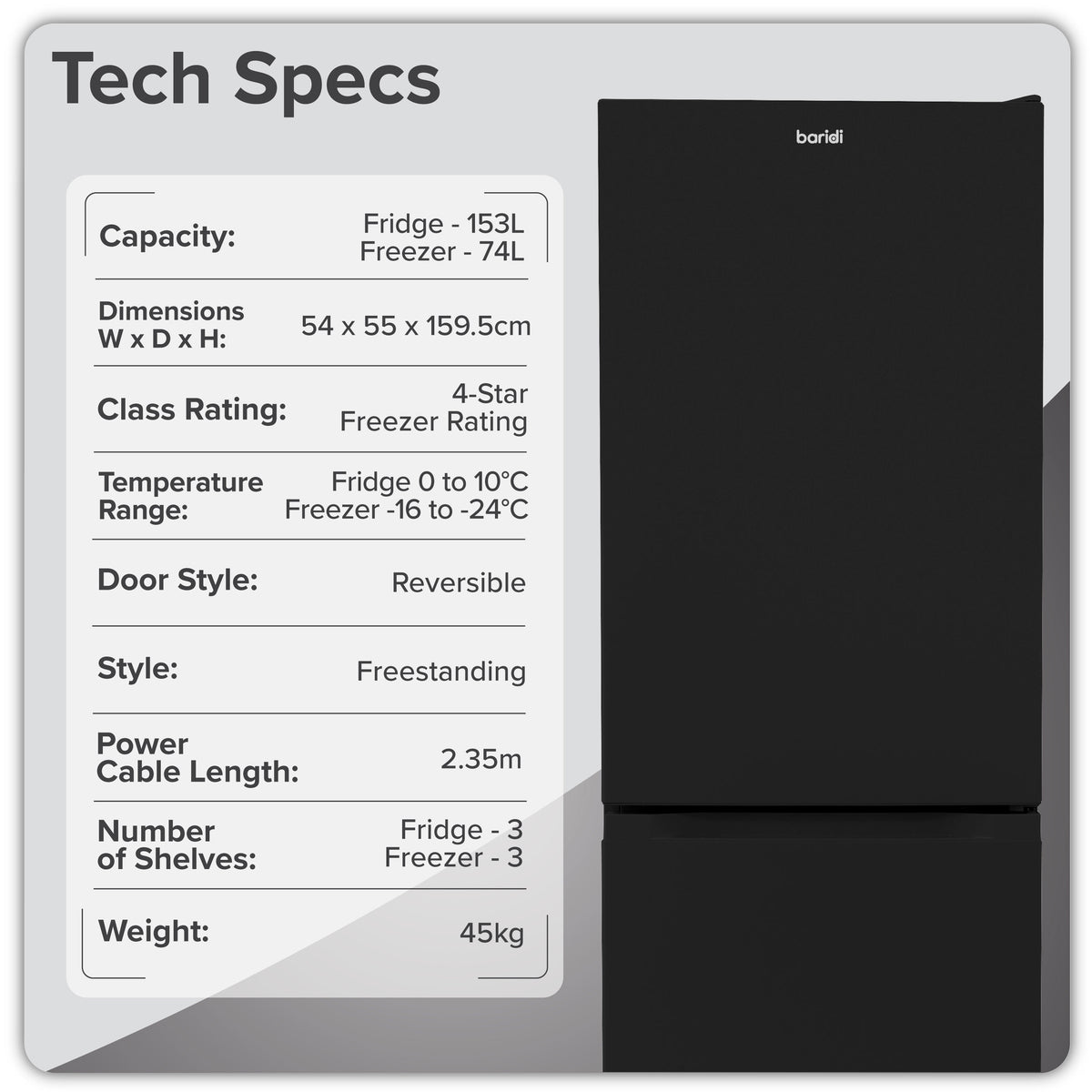 Baridi  60/40 Smart Frost Fridge Freezer, 227L Capacity, Black (DH327)