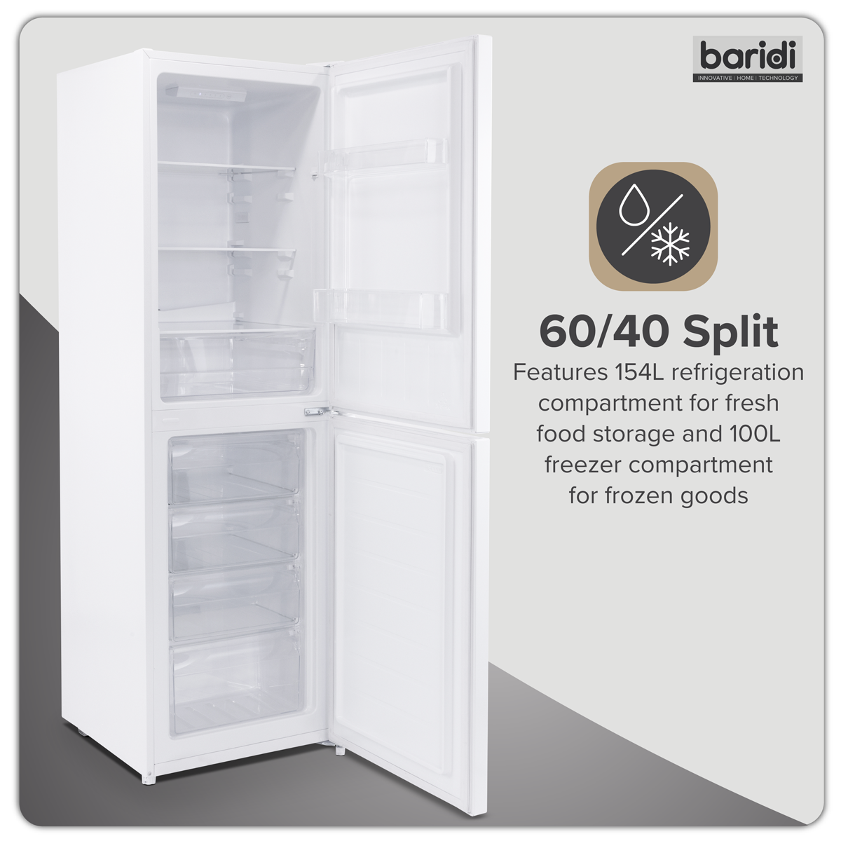 Baridi 50/50 Smart Frost Fridge Freezer 254L Capacity – White