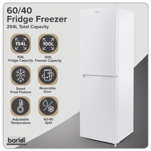 Baridi 50/50 Smart Frost Fridge Freezer 254L Capacity – White
