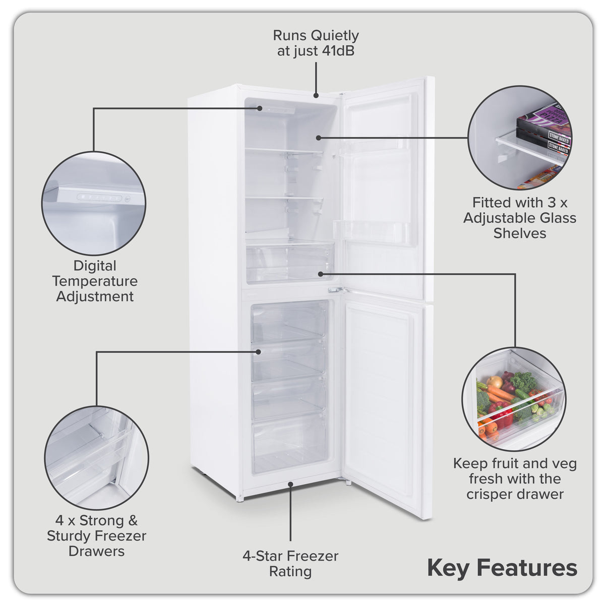 Baridi 50/50 Smart Frost Fridge Freezer 254L Capacity – White