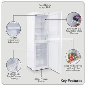 Baridi 50/50 Smart Frost Fridge Freezer 254L Capacity – White