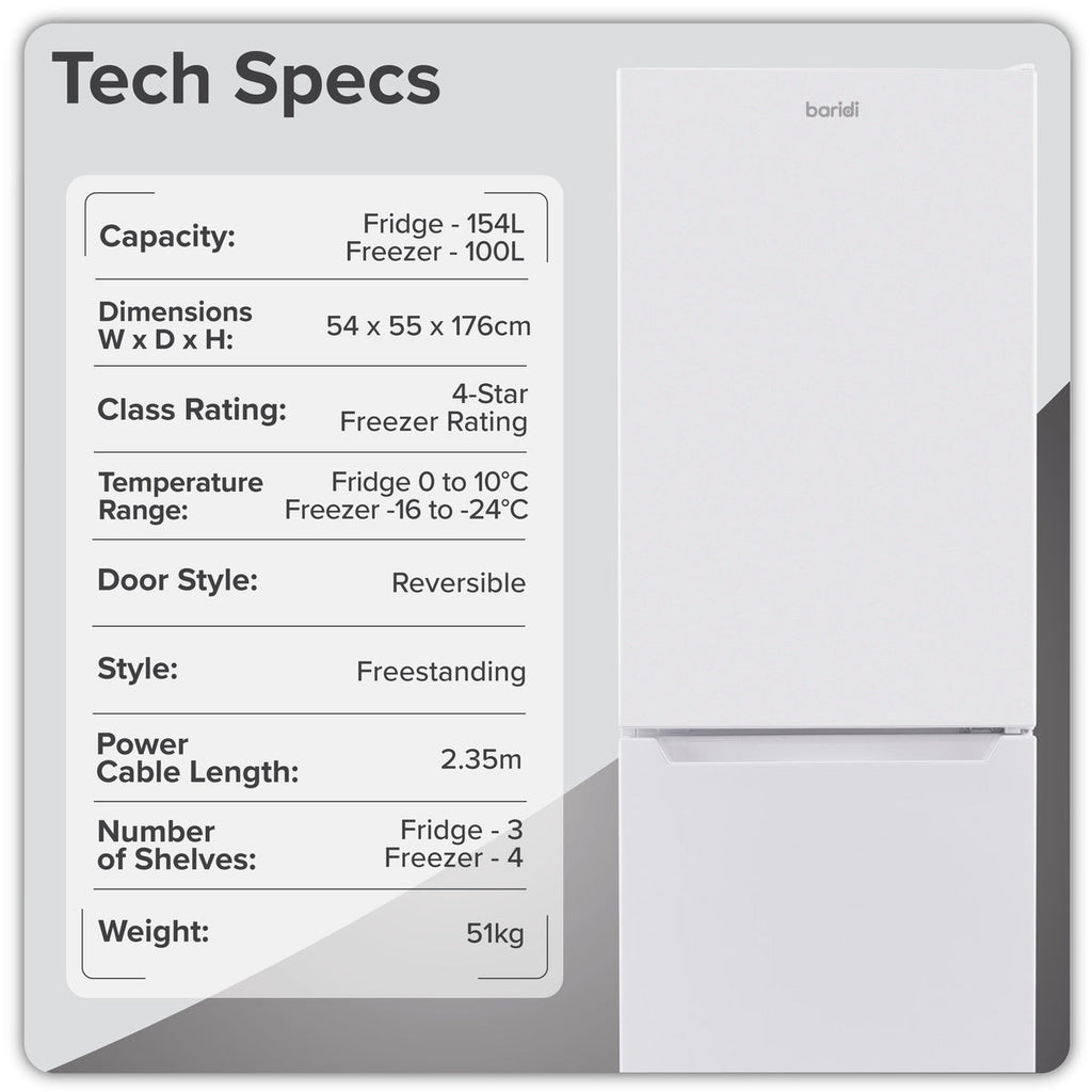 Baridi 50/50 Smart Frost Fridge Freezer 254L Capacity – White