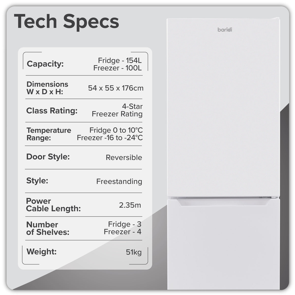 Baridi 50/50 Smart Frost Fridge Freezer 254L Capacity – White