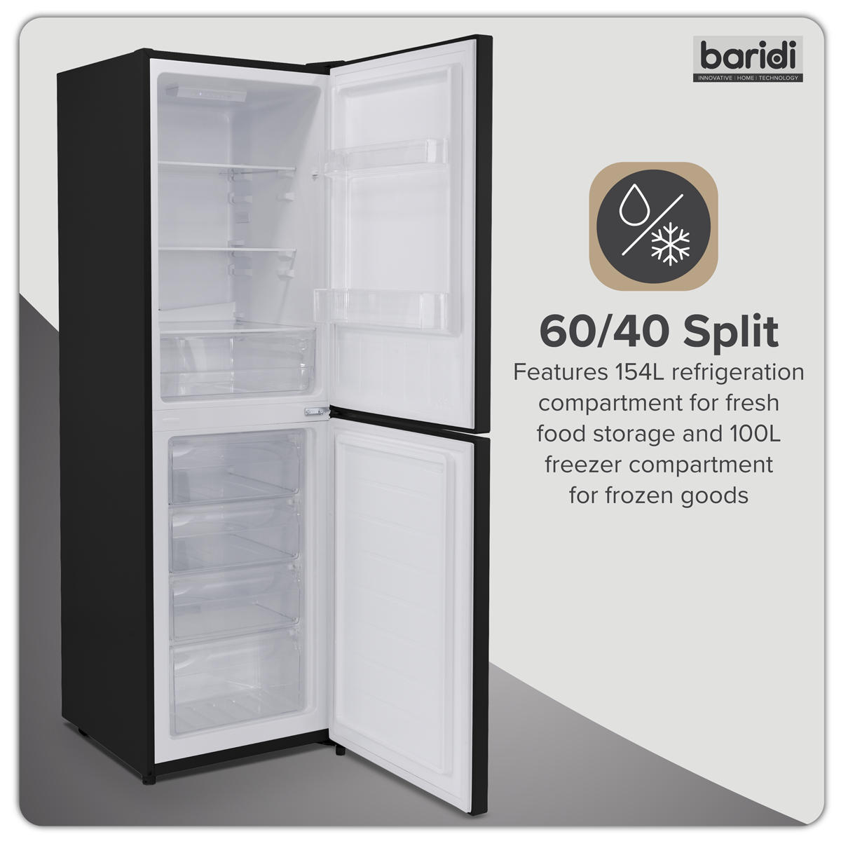 Baridi 50/50 Smart Frost Fridge Freezer 254L Capacity – Black