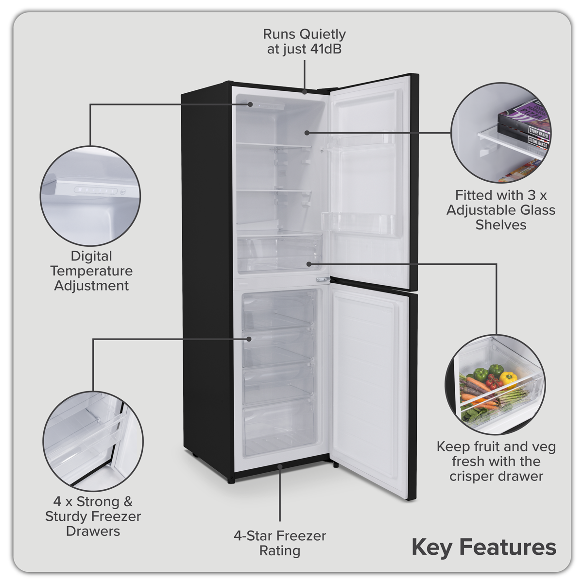 Baridi 50/50 Smart Frost Fridge Freezer 254L Capacity – Black