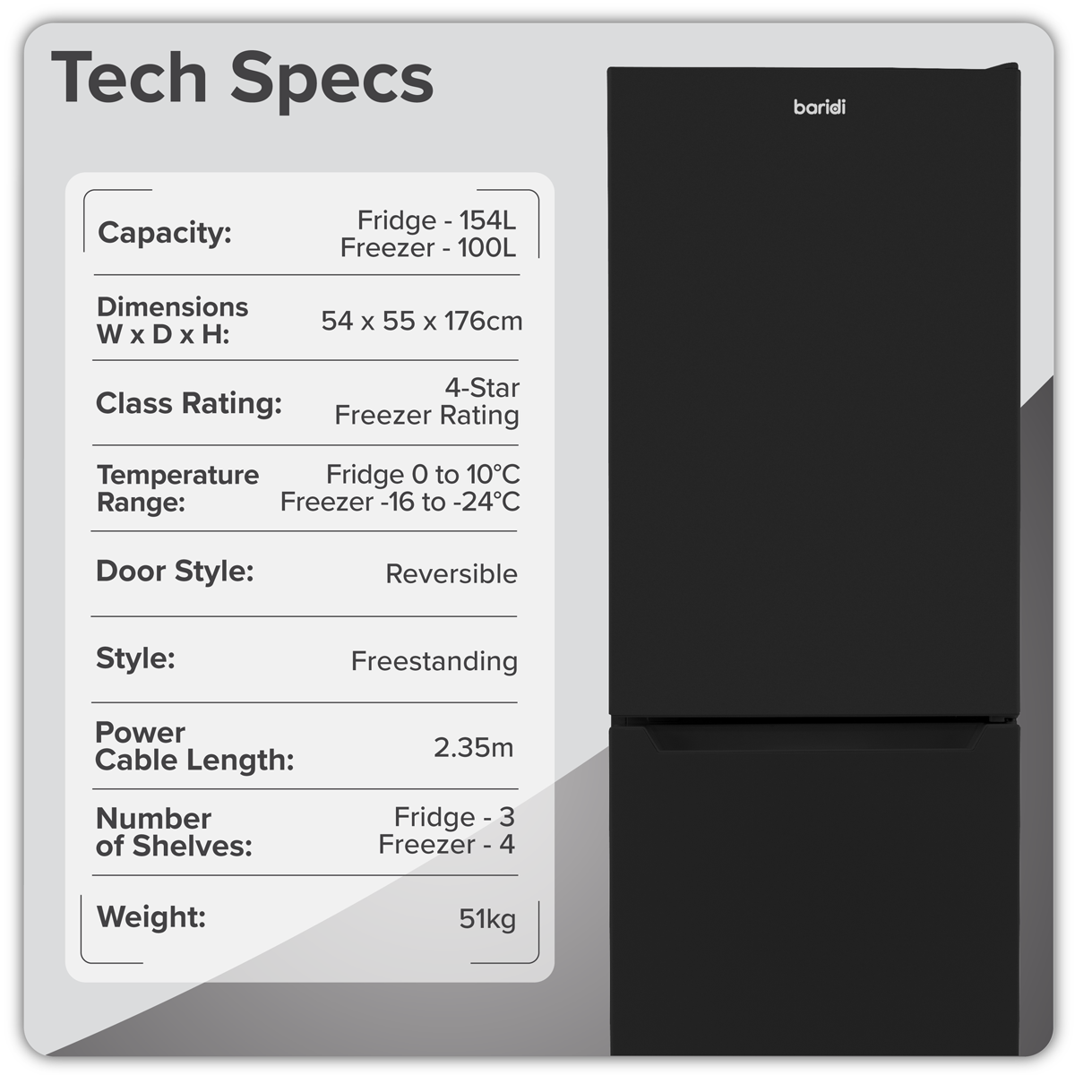 Baridi 50/50 Smart Frost Fridge Freezer 254L Capacity – Black