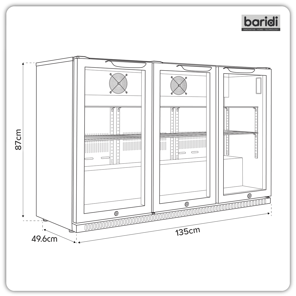 Baridi Back Bar Drinks Fridge/Cooler with Triple Hinged Door & Security Lock 307L - Black