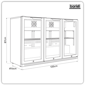Baridi Back Bar Drinks Fridge/Cooler with Triple Hinged Door & Security Lock 307L - Black