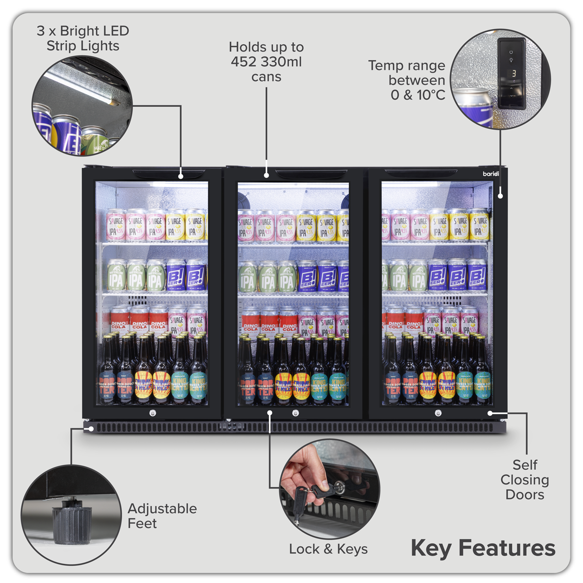 Baridi Back Bar Drinks Fridge/Cooler with Triple Hinged Door & Security Lock 307L - Black