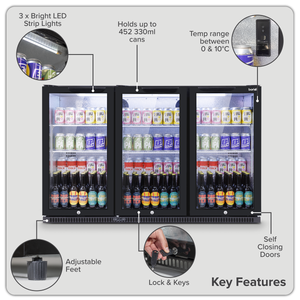 Baridi Back Bar Drinks Fridge/Cooler with Triple Hinged Door & Security Lock 307L - Black