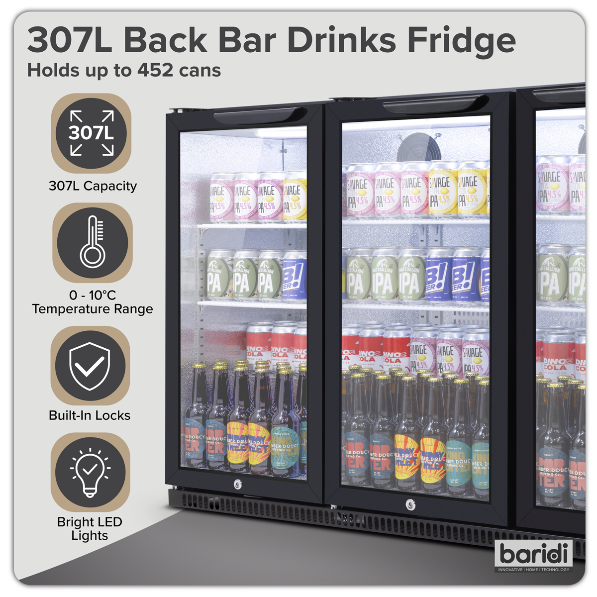 Baridi Back Bar Drinks Fridge/Cooler with Triple Hinged Door & Security Lock 307L - Black