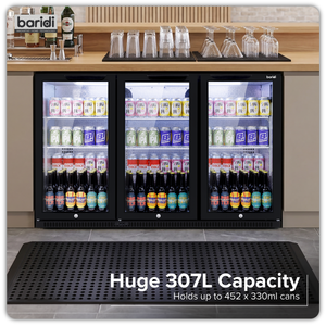 Baridi Back Bar Drinks Fridge/Cooler with Triple Hinged Door & Security Lock 307L - Black