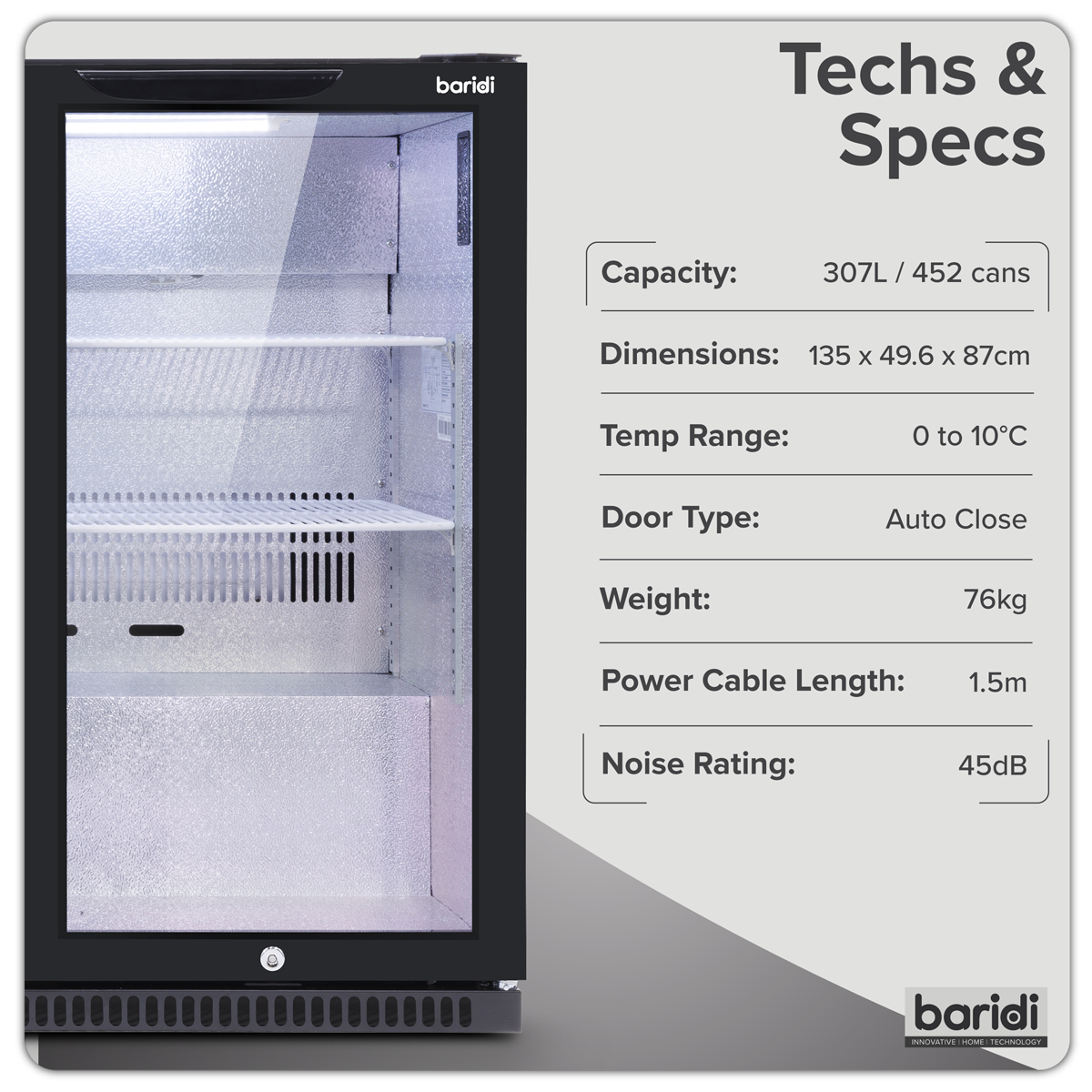 Baridi Back Bar Drinks Fridge/Cooler with Triple Hinged Door & Security Lock 307L - Black