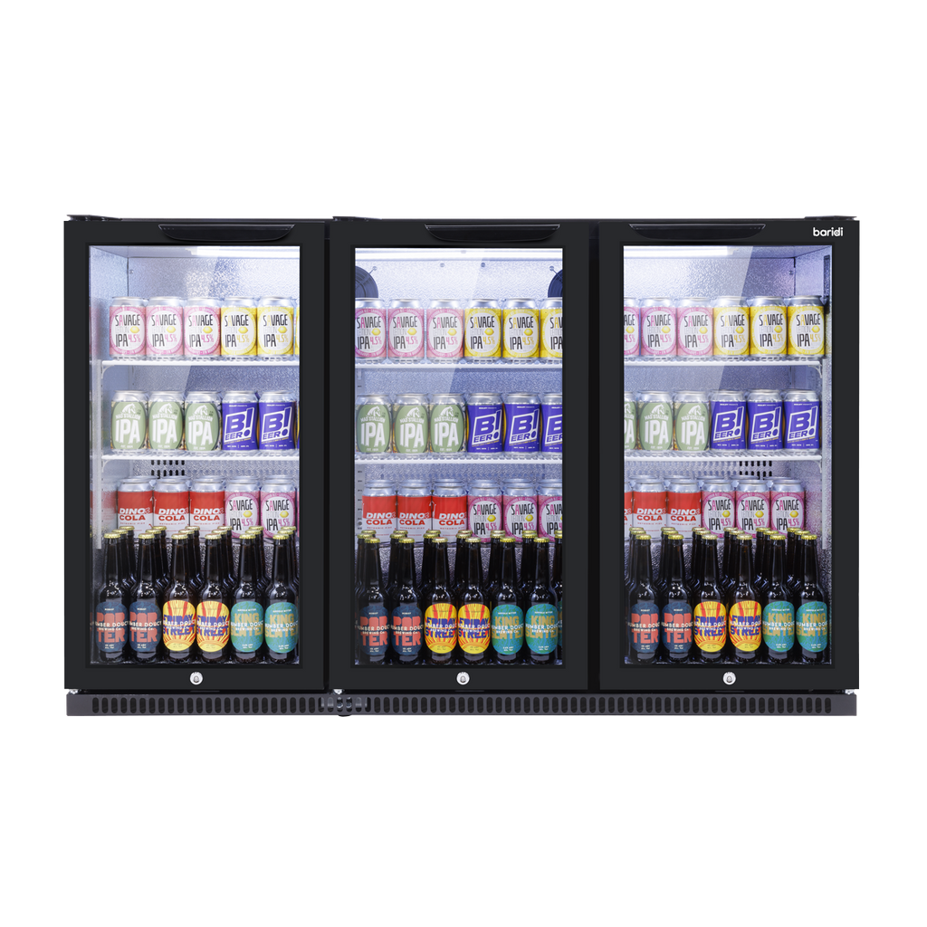 Baridi Back Bar Drinks Fridge/Cooler with Triple Hinged Door & Security Lock 307L - Black