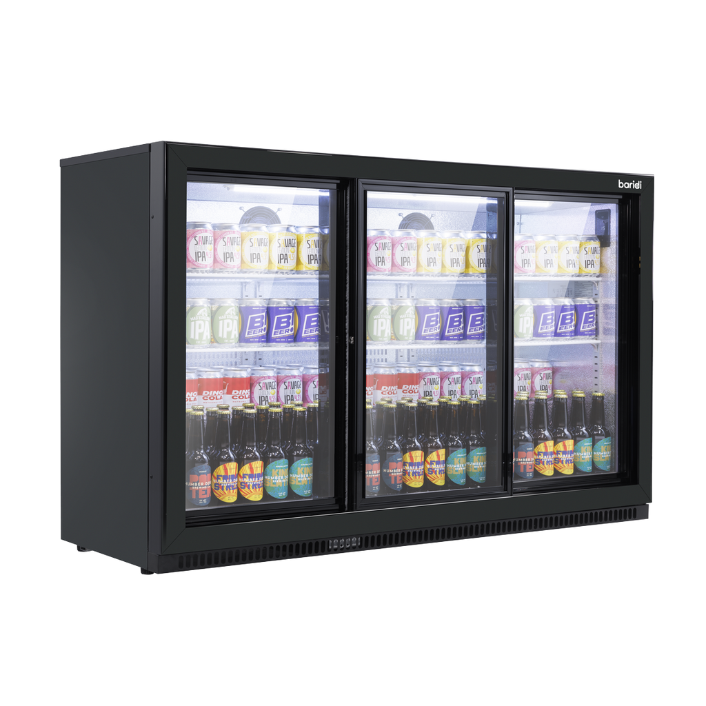 Baridi Back Bar Drinks Fridge/Cooler with Triple Sliding Door & Security Lock 307L - Black