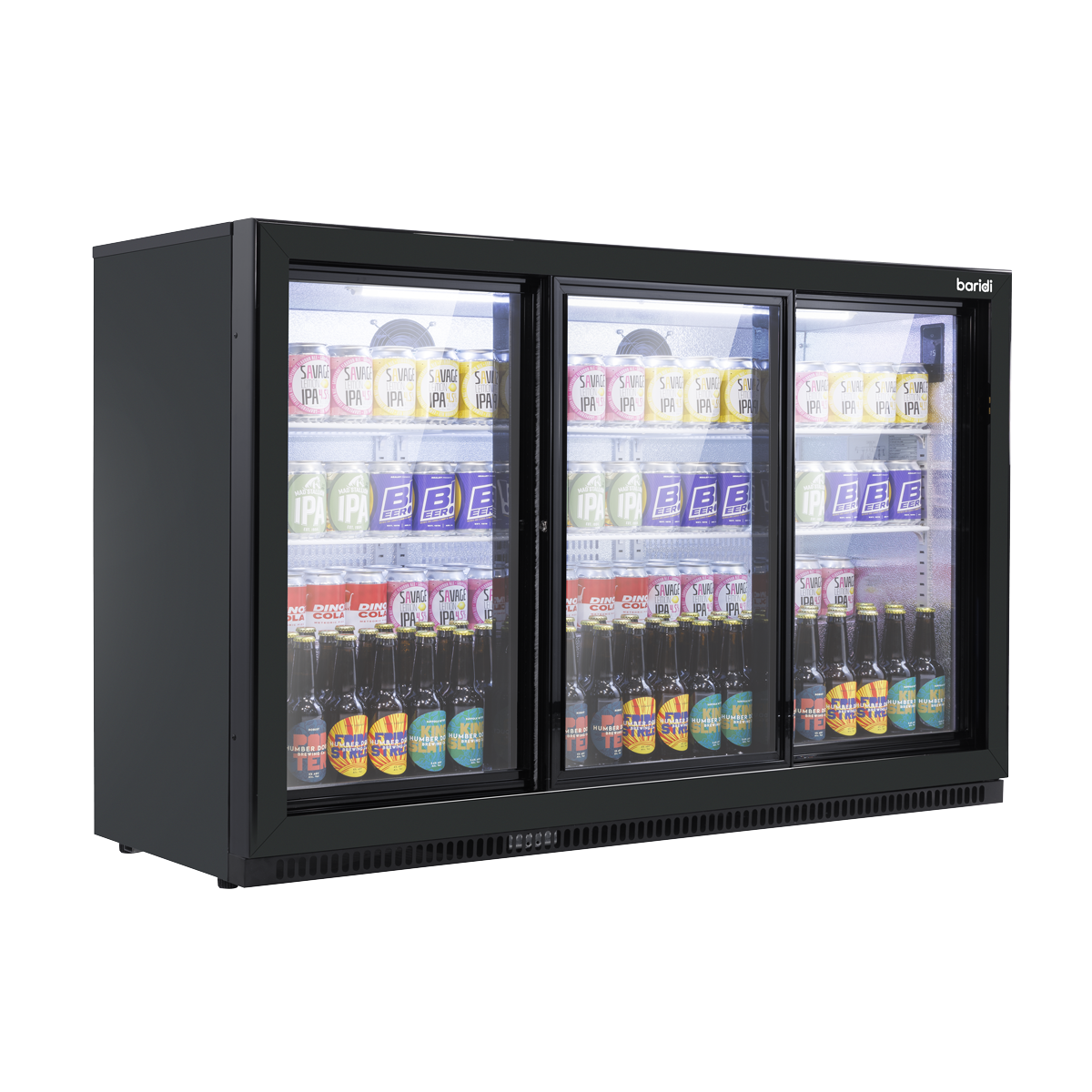 Baridi Back Bar Drinks Fridge/Cooler with Triple Sliding Door & Security Lock 307L - Black