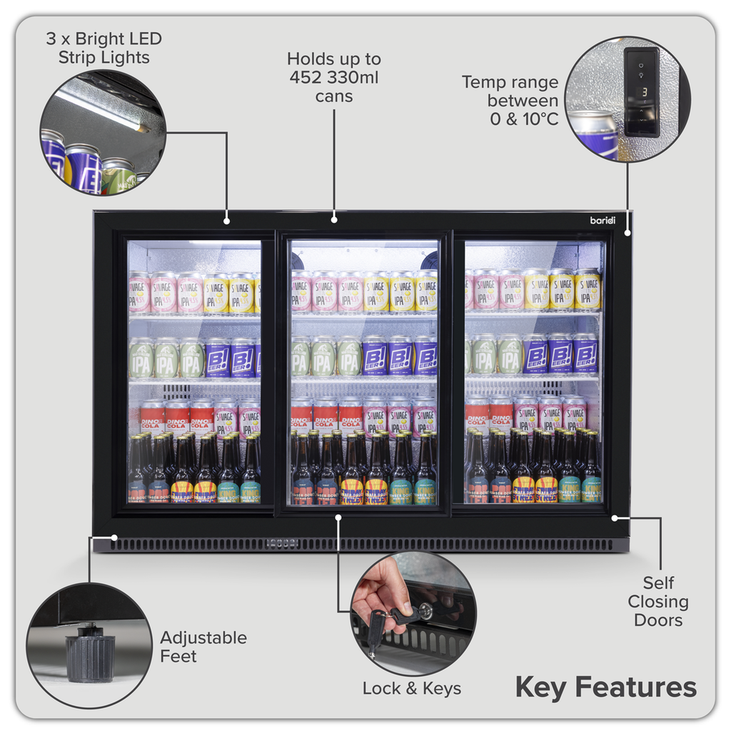 Baridi Back Bar Drinks Fridge/Cooler with Triple Sliding Door & Security Lock 307L - Black