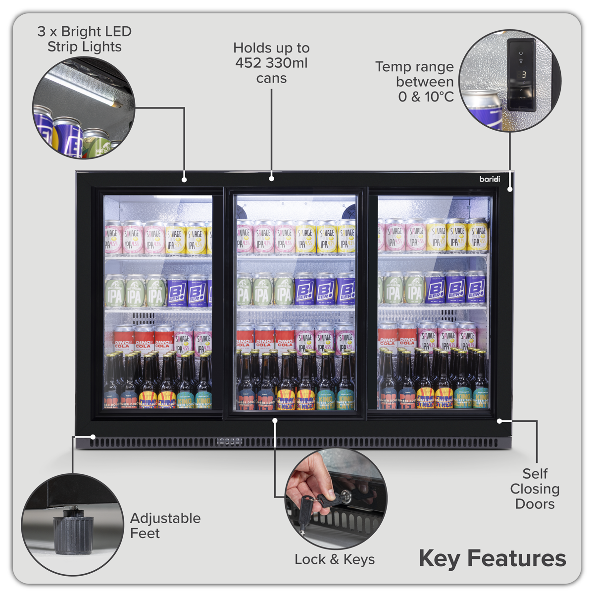 Baridi Back Bar Drinks Fridge/Cooler with Triple Sliding Door & Security Lock 307L - Black