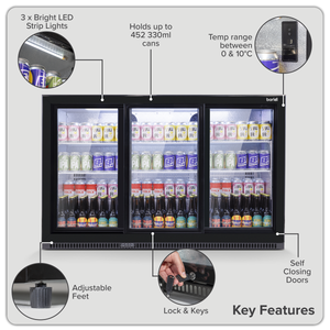 Baridi Back Bar Drinks Fridge/Cooler with Triple Sliding Door & Security Lock 307L - Black