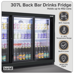 Baridi Back Bar Drinks Fridge/Cooler with Triple Sliding Door & Security Lock 307L - Black