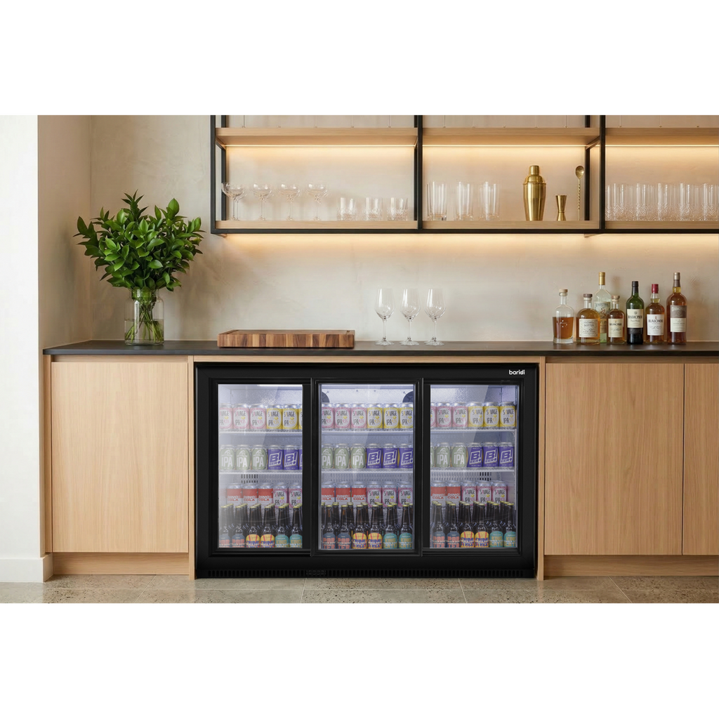 Baridi Back Bar Drinks Fridge/Cooler with Triple Sliding Door & Security Lock 307L - Black