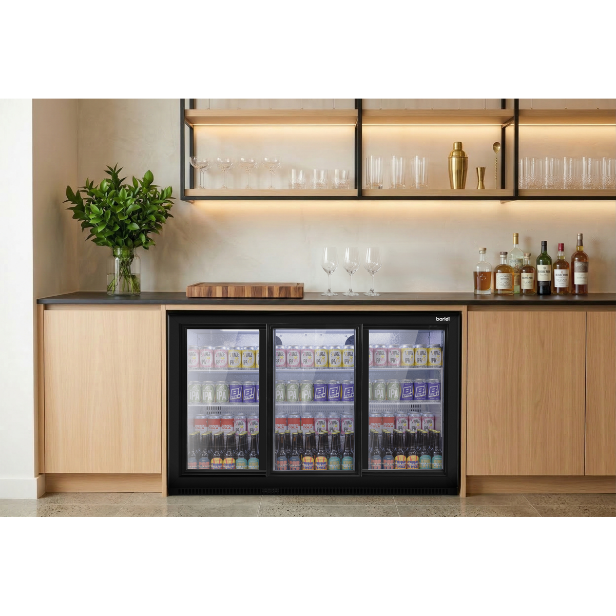 Baridi Back Bar Drinks Fridge/Cooler with Triple Sliding Door & Security Lock 307L - Black