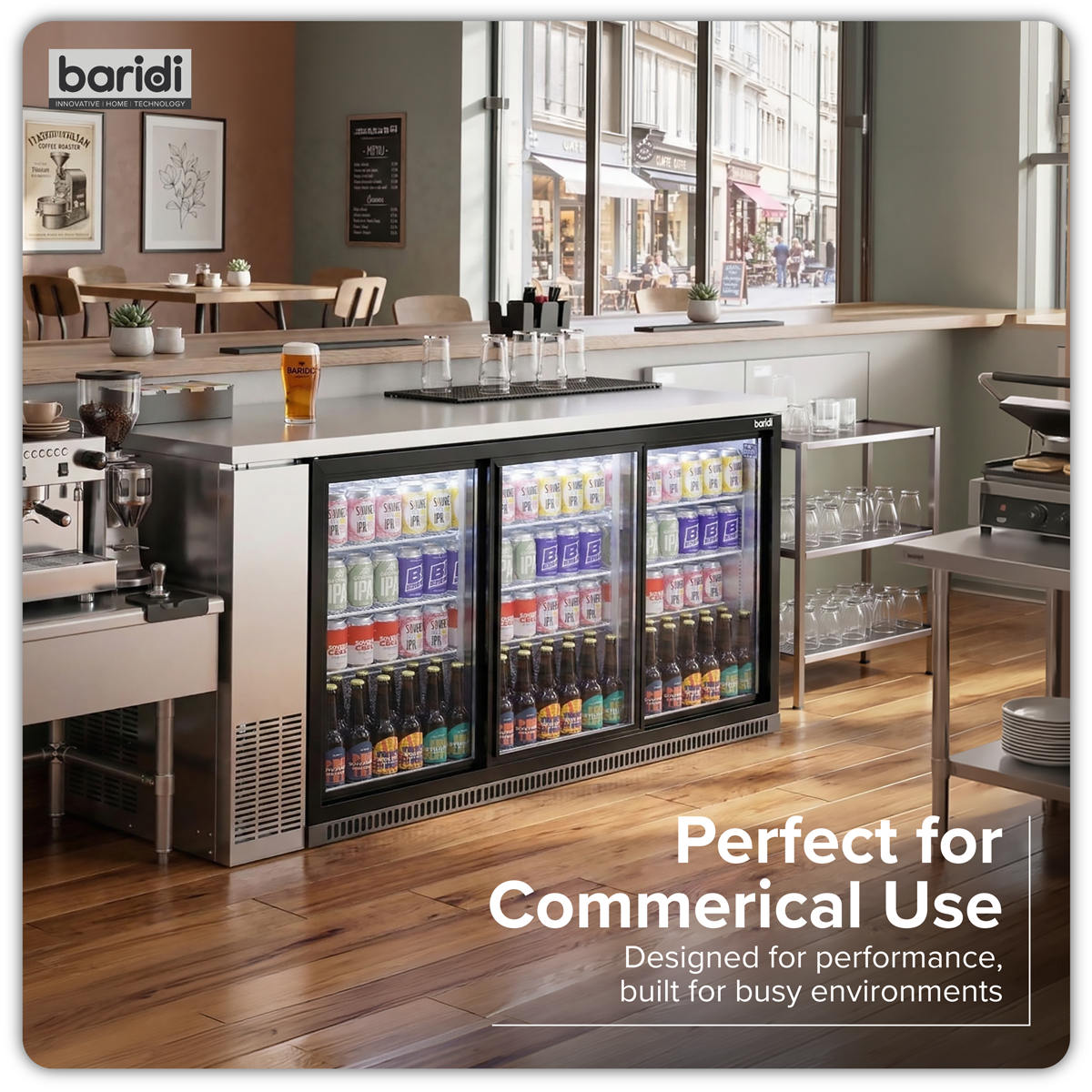 Baridi Back Bar Drinks Fridge/Cooler with Triple Sliding Door & Security Lock 307L - Black