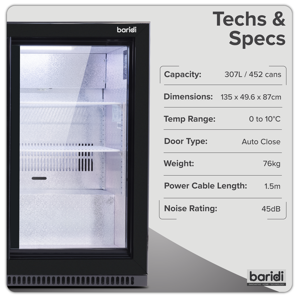 Baridi Back Bar Drinks Fridge/Cooler with Triple Sliding Door & Security Lock 307L - Black