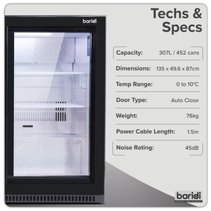 Baridi Back Bar Drinks Fridge/Cooler with Triple Sliding Door & Security Lock 307L - Black
