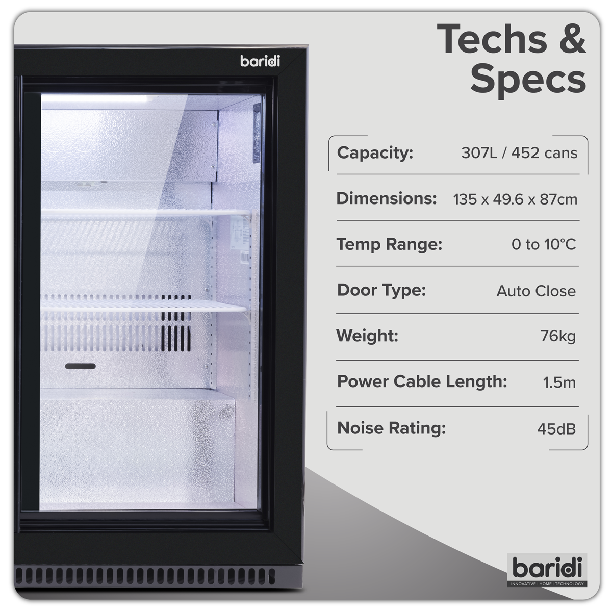 Baridi Back Bar Drinks Fridge/Cooler with Triple Sliding Door & Security Lock 307L - Black