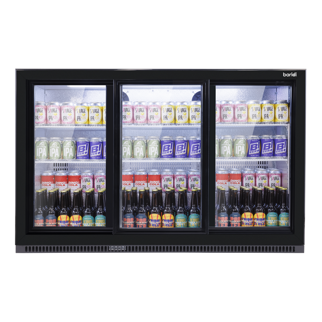 Baridi Back Bar Drinks Fridge/Cooler with Triple Sliding Door & Security Lock 307L - Black
