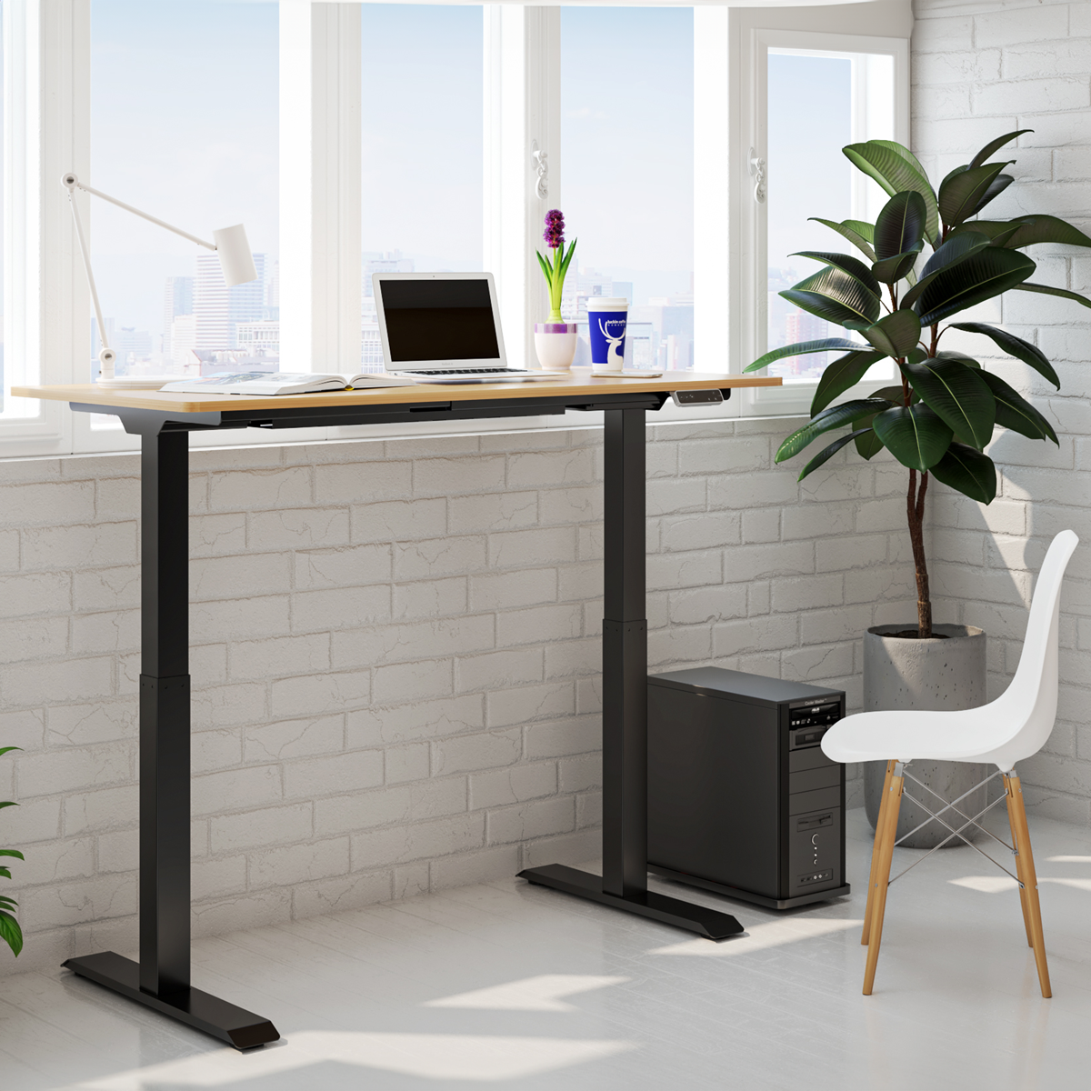 Dellonda Oak Electric Height Adjustable Standing Desk, 1400 x 700mm Dual Motor 100kg