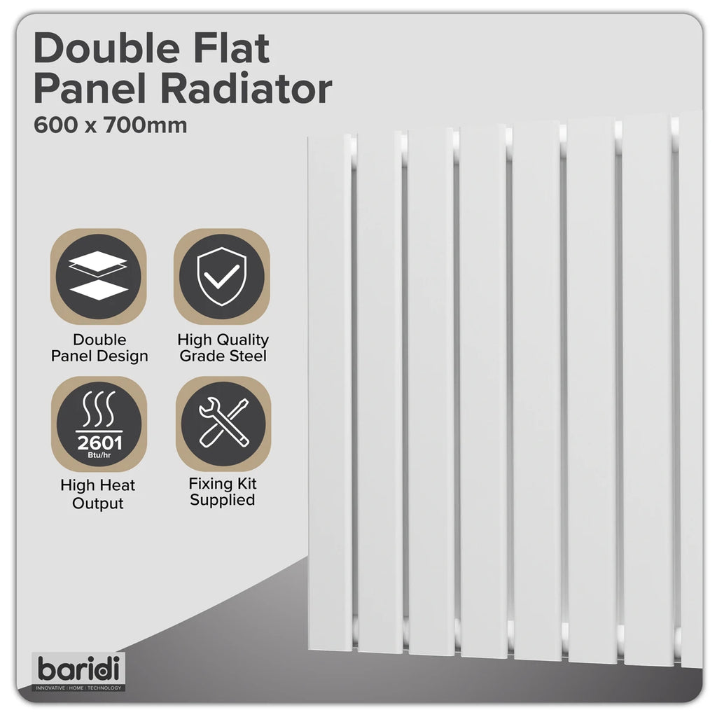 Baridi Horizontal Radiator Contemporary Double Flat Panel Design 600 x 700mm - White