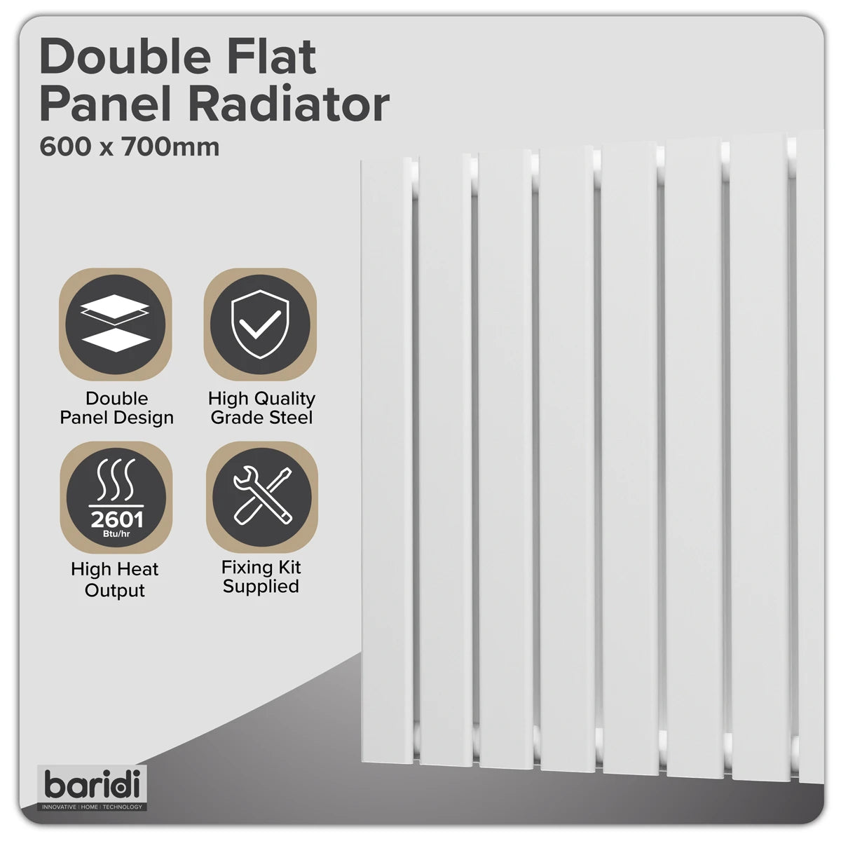 Baridi Horizontal Radiator Contemporary Double Flat Panel Design 600 x 700mm - White