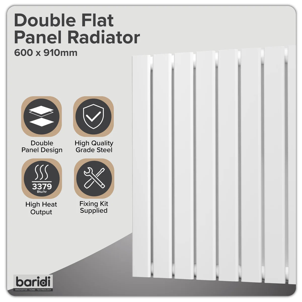 Baridi Horizontal Radiator Contemporary Double Flat Panel Design 600 x 910mm - White (Factory Refurbished A)