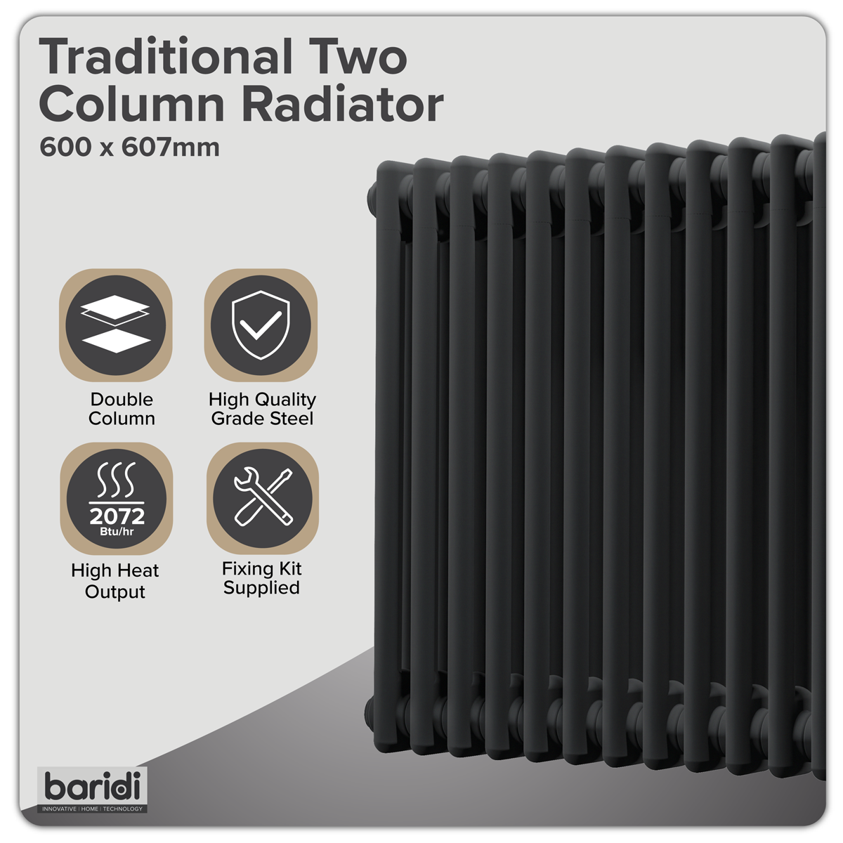 Baridi Horizontal Traditional 2 Column Radiator 600 x 607mm – Black