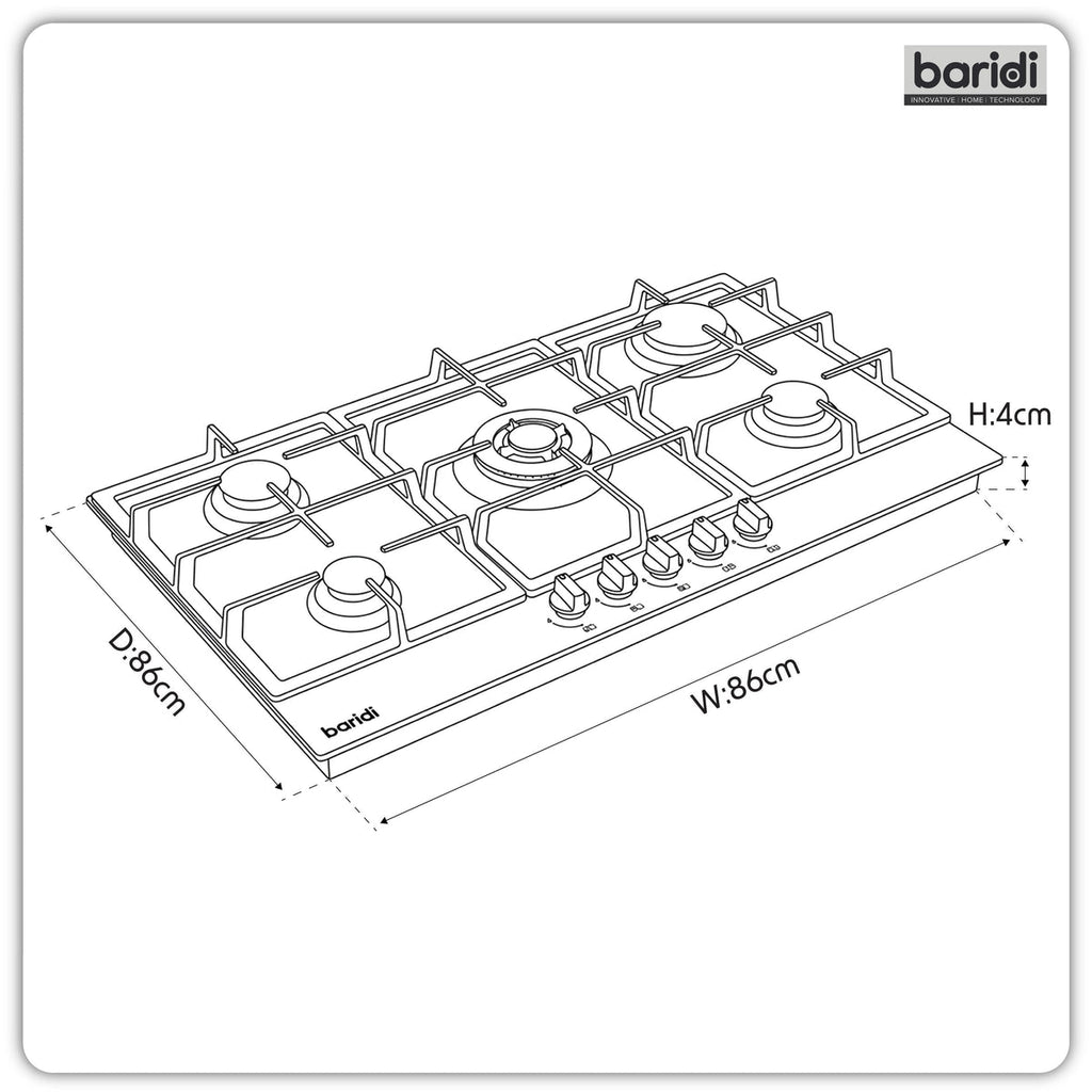Baridi 90cm Gas Hob Stainless Steel with 5 Burners, Cast Iron Supports & Auto Ignition 11kW