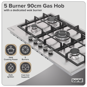 Baridi 90cm Gas Hob Stainless Steel with 5 Burners, Cast Iron Supports & Auto Ignition 11kW