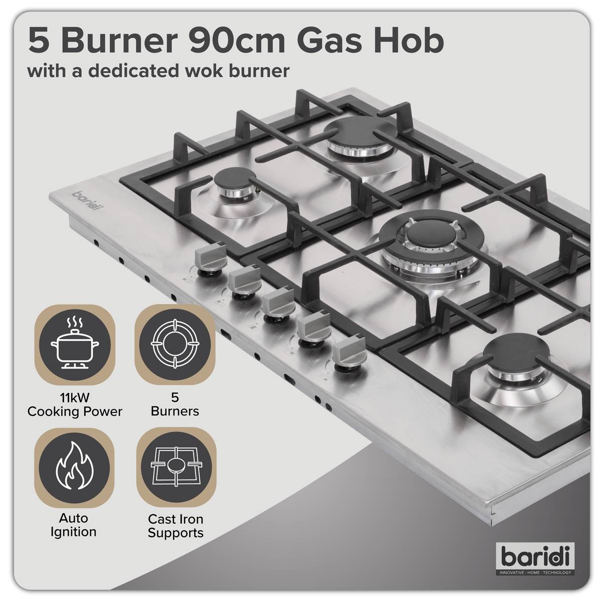 Baridi 90cm Gas Hob Stainless Steel with 5 Burners, Cast Iron Supports & Auto Ignition 11kW