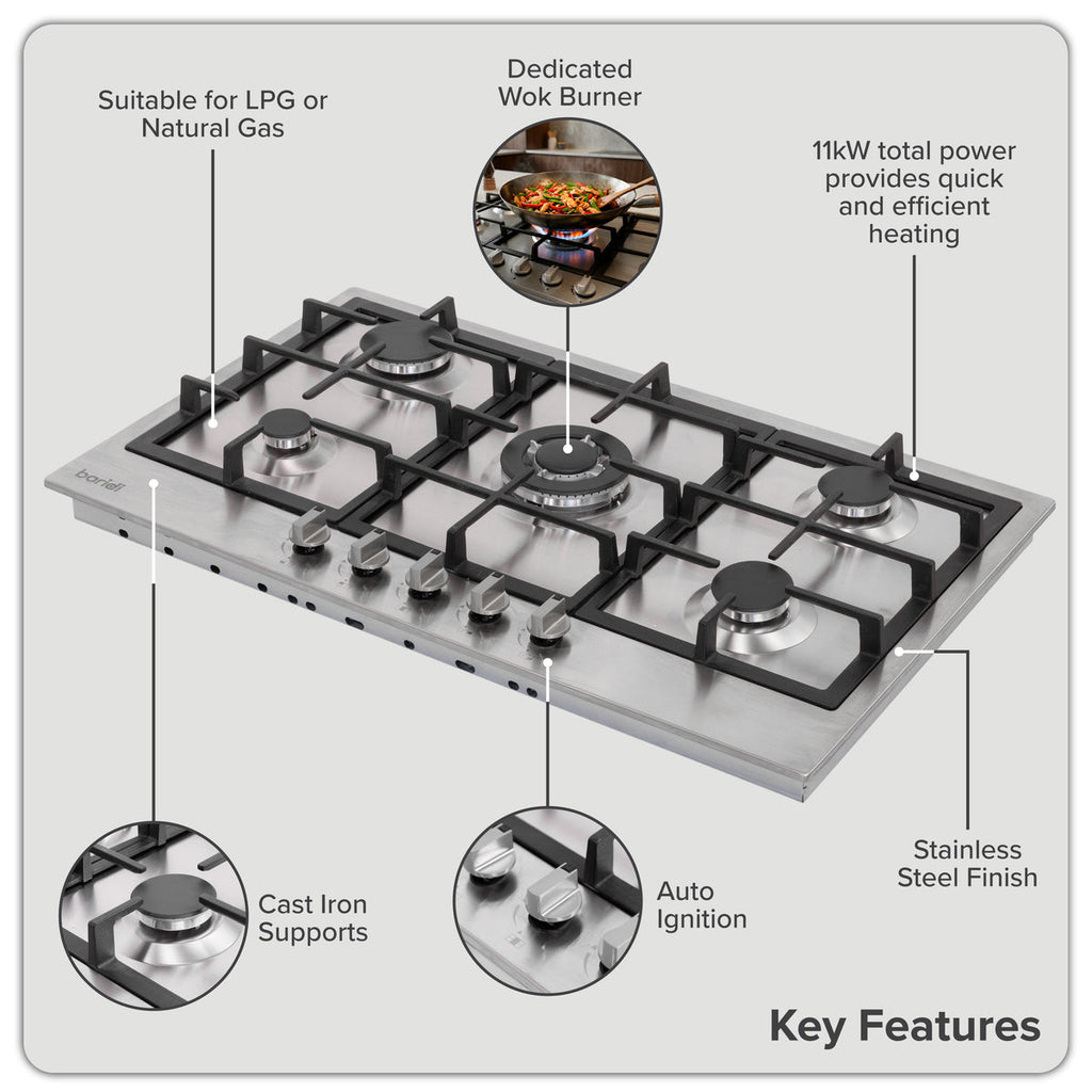 Baridi 90cm Gas Hob Stainless Steel with 5 Burners, Cast Iron Supports & Auto Ignition 11kW