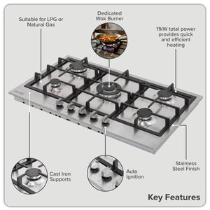 Baridi 90cm Gas Hob Stainless Steel with 5 Burners, Cast Iron Supports & Auto Ignition 11kW