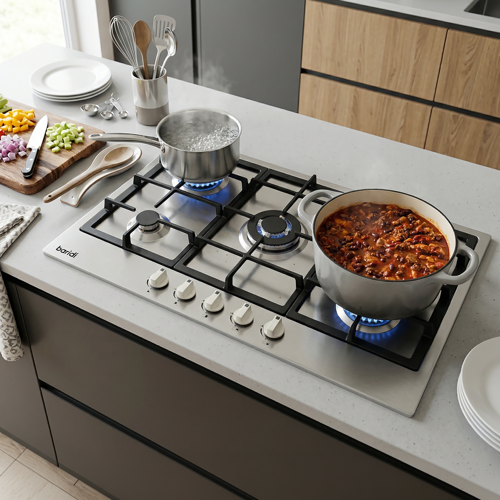 Baridi 90cm Gas Hob Stainless Steel with 5 Burners, Cast Iron Supports & Auto Ignition 11kW