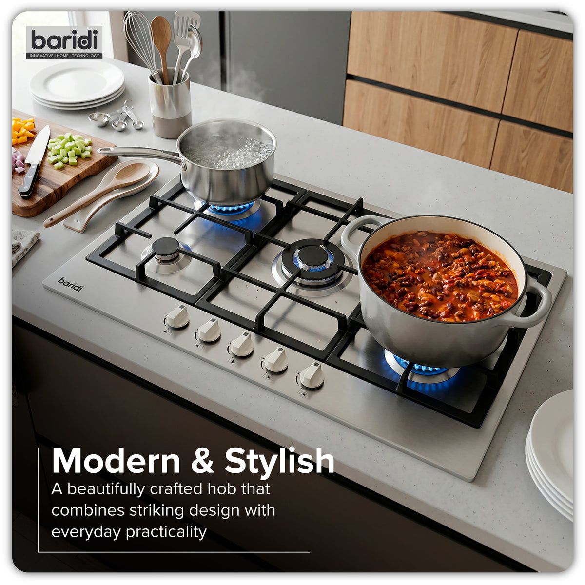 Baridi 90cm Gas Hob Stainless Steel with 5 Burners, Cast Iron Supports & Auto Ignition 11kW