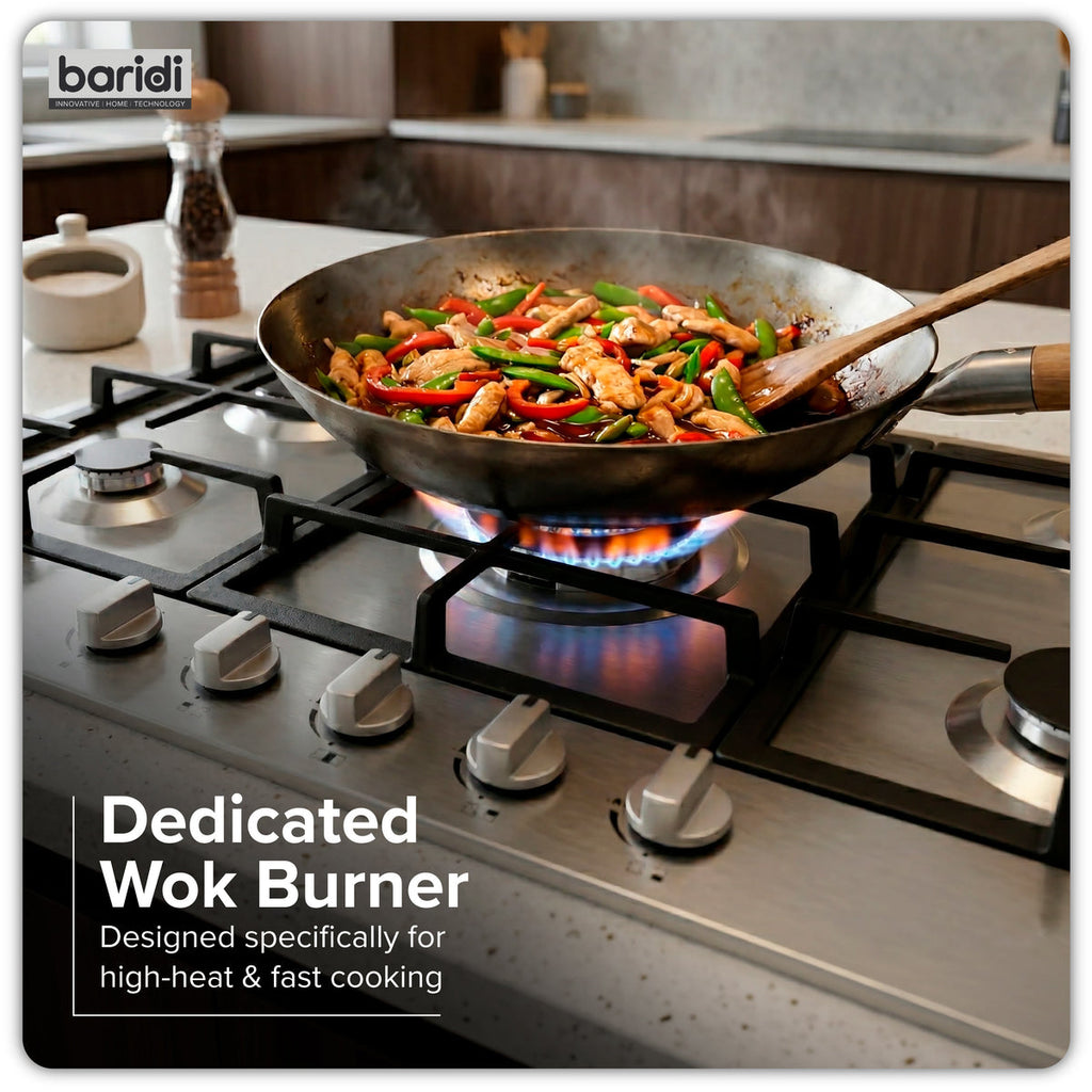 Baridi 90cm Gas Hob Stainless Steel with 5 Burners, Cast Iron Supports & Auto Ignition 11kW