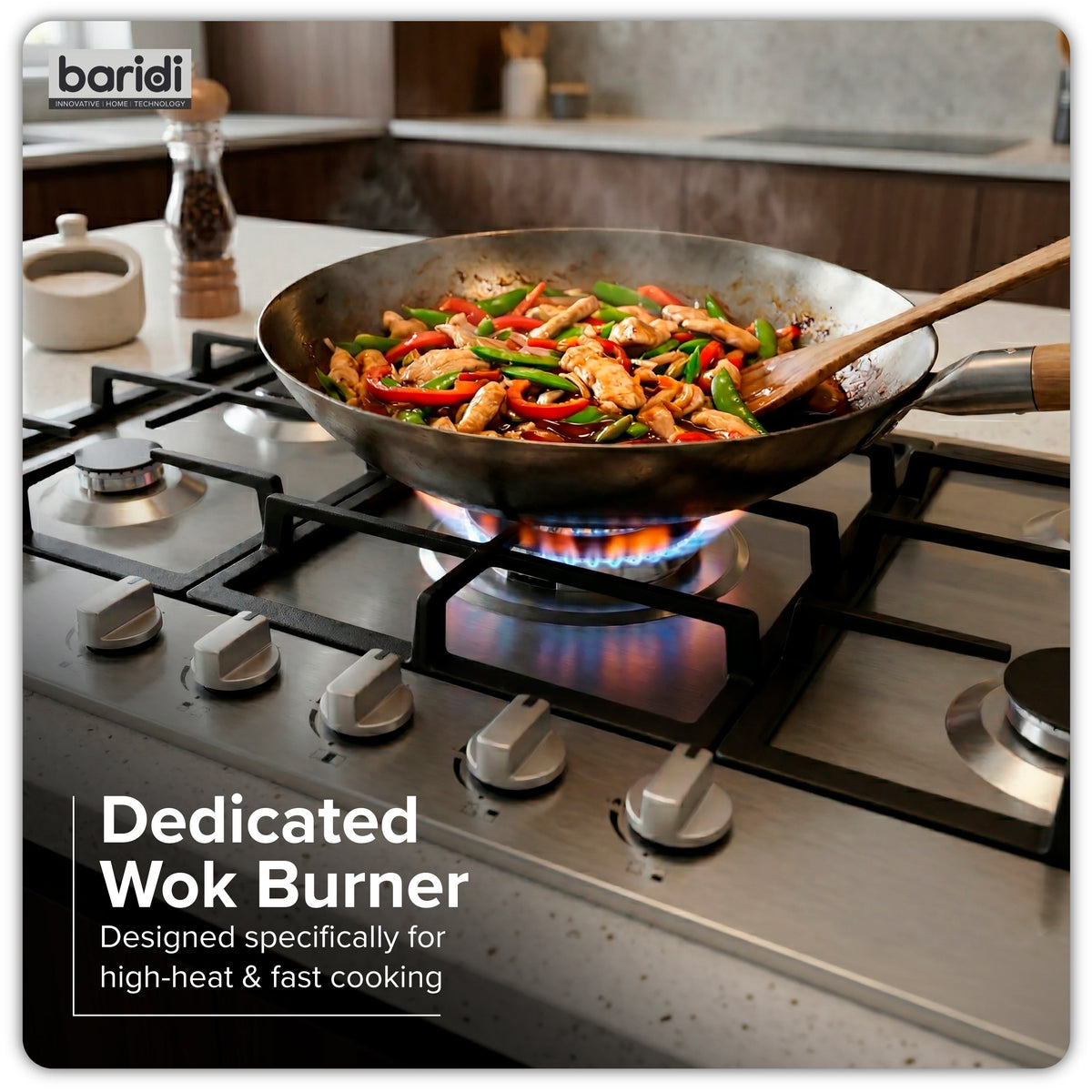 Baridi 90cm Gas Hob Stainless Steel with 5 Burners, Cast Iron Supports & Auto Ignition 11kW