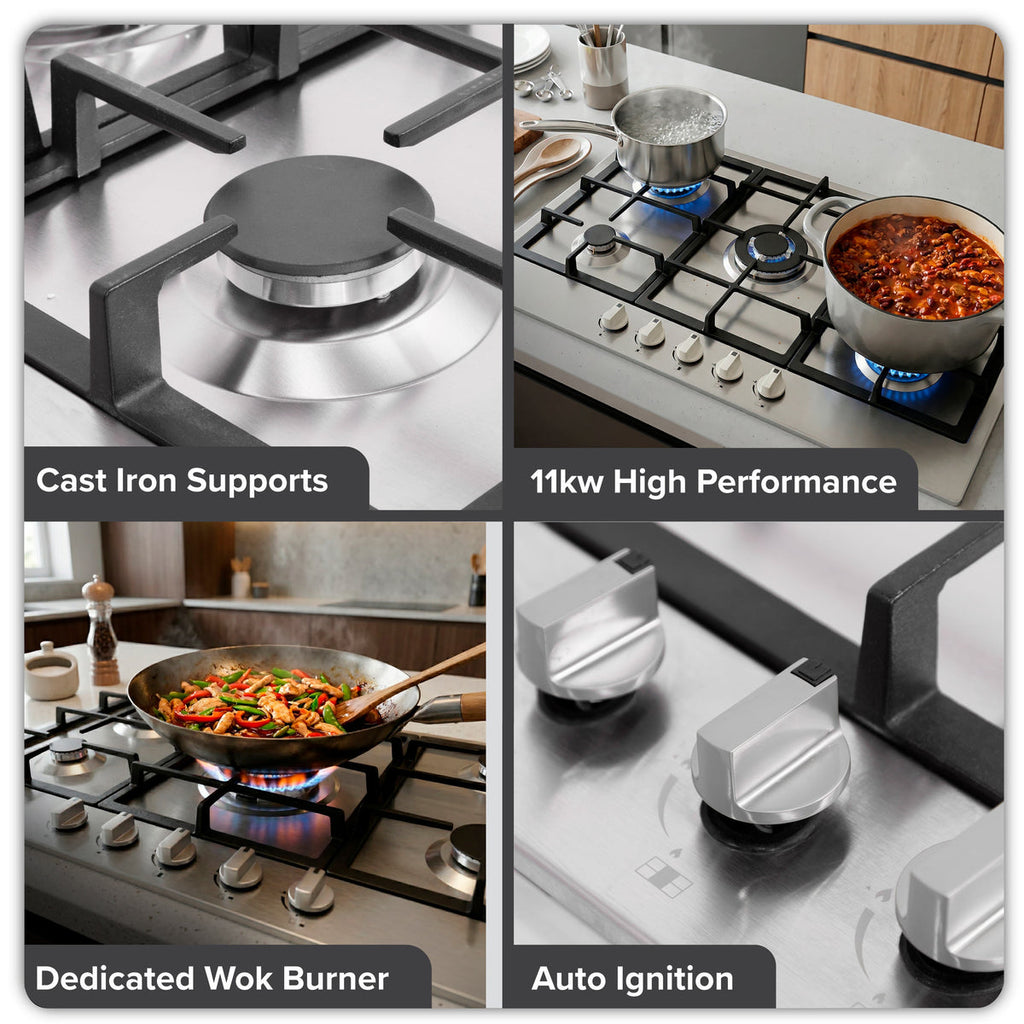 Baridi 90cm Gas Hob Stainless Steel with 5 Burners, Cast Iron Supports & Auto Ignition 11kW