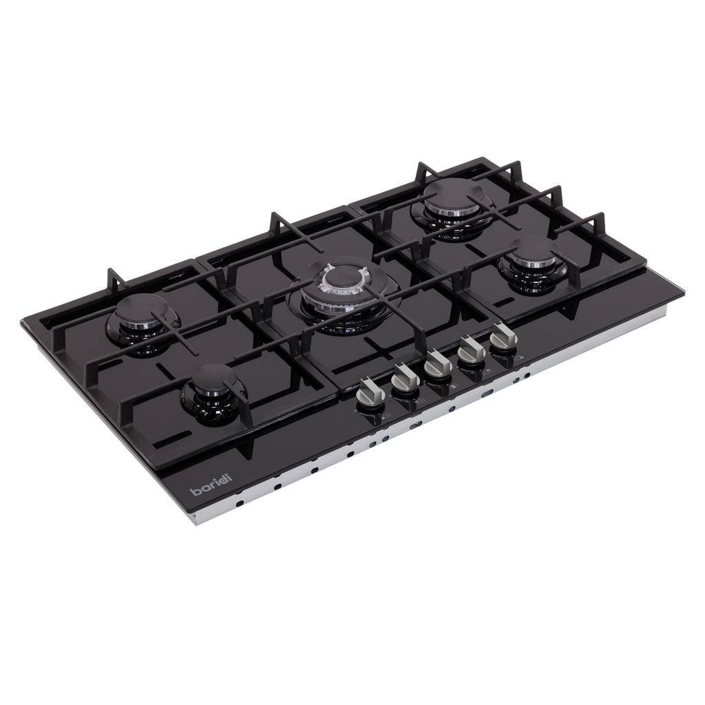 Baridi 90cm Gas Hob Black Glass with 5 Burners, Cast Iron Supports & Auto Ignition 11kW