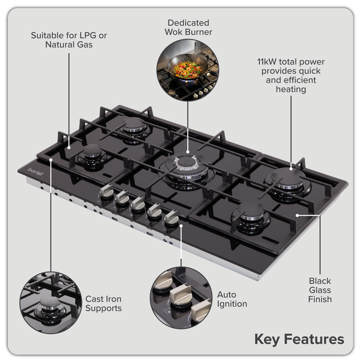 Baridi 90cm Gas Hob Black Glass with 5 Burners, Cast Iron Supports & Auto Ignition 11kW