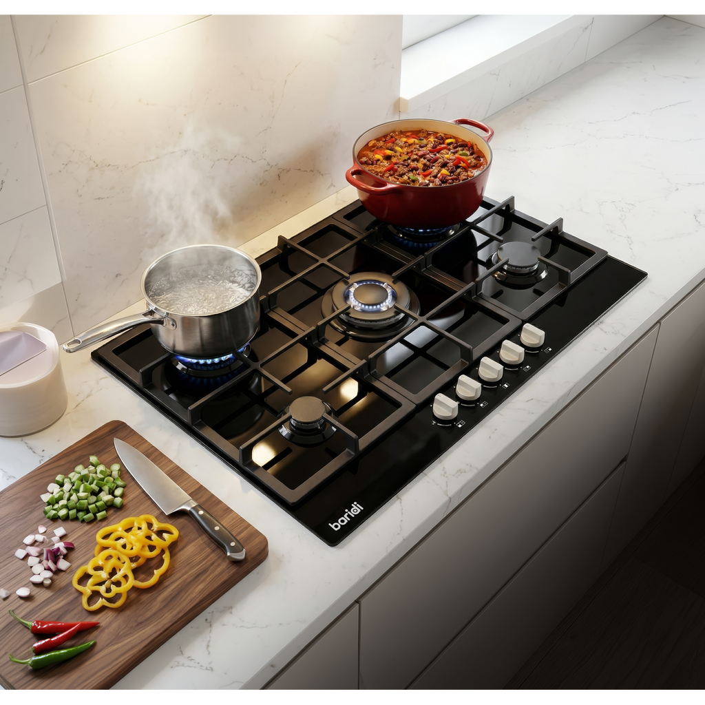 Baridi 90cm Gas Hob Black Glass with 5 Burners, Cast Iron Supports & Auto Ignition 11kW