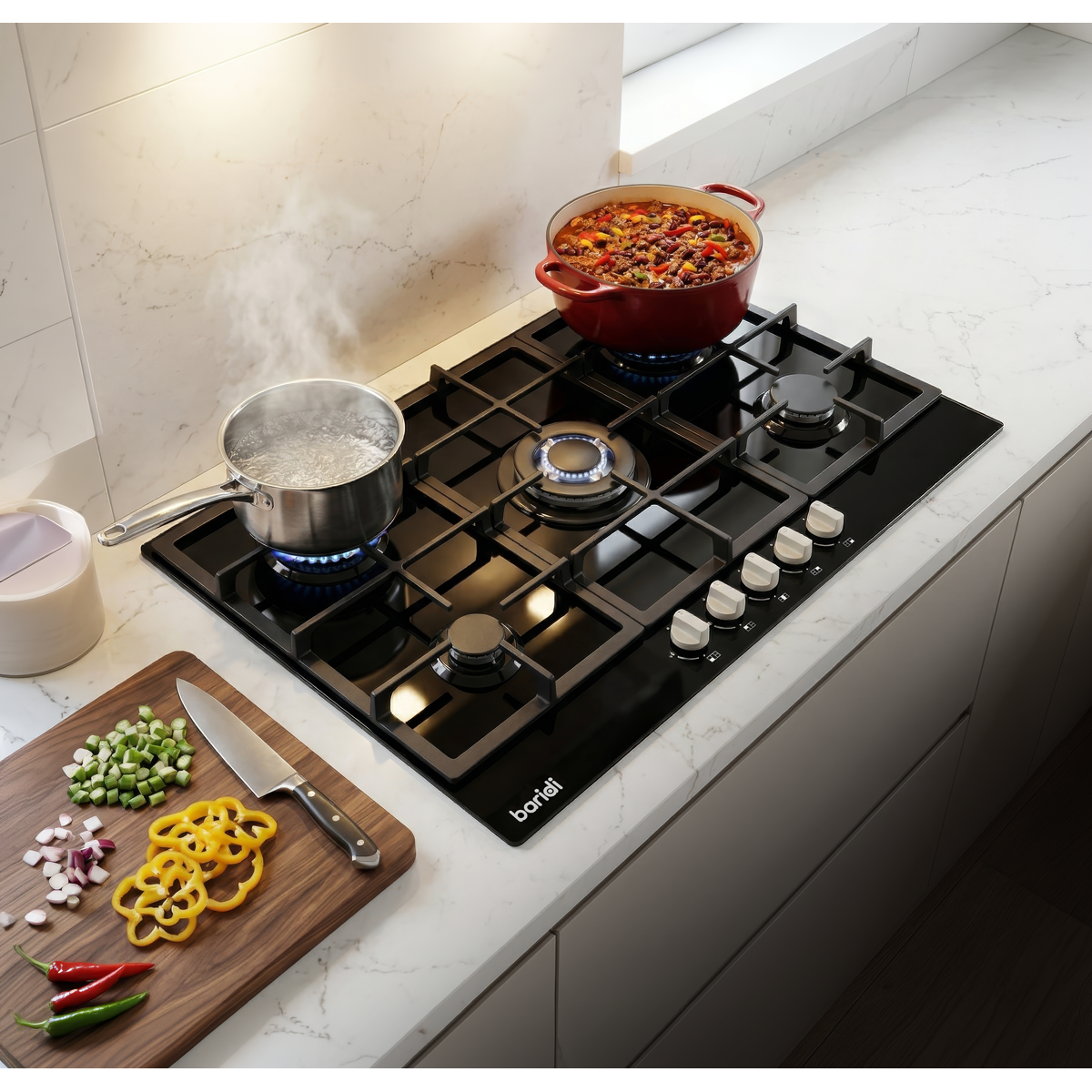 Baridi 90cm Gas Hob Black Glass with 5 Burners, Cast Iron Supports & Auto Ignition 11kW